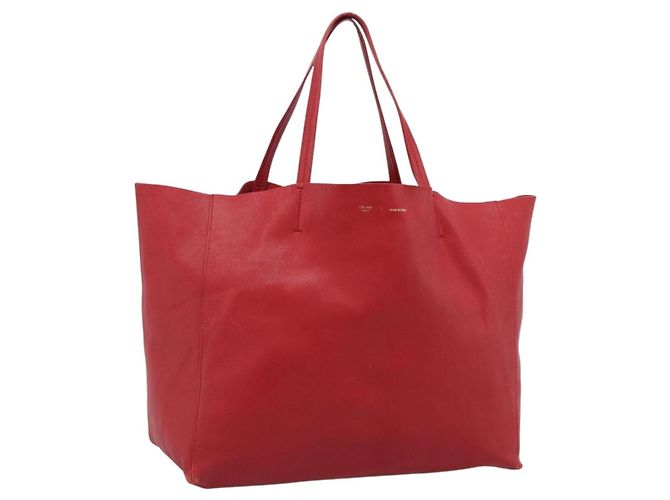 Céline CELINE Horizontal Cabas Tote Bag Leder Rot Goldfarben Authentisch ep15417