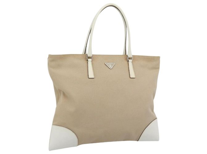 PRADA Tote Bag Canvas Beige Silver Auth BA14115 Silvery