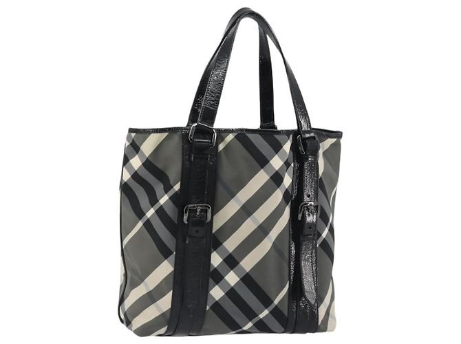 BURBERRY Nova Check Tote Bag Nylon Schwarz Silber Auth ep15157