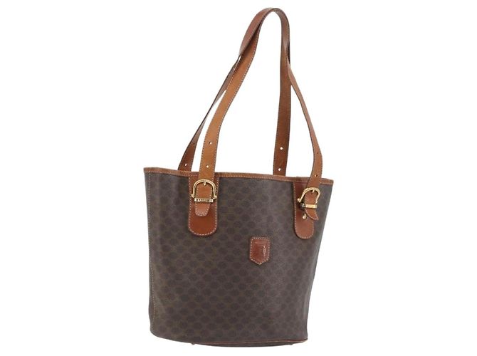 Edge Céline Bolsa Tote CELINE Macadam Canvas PVC Couro Marrom Ouro Auth 194037 Dourado