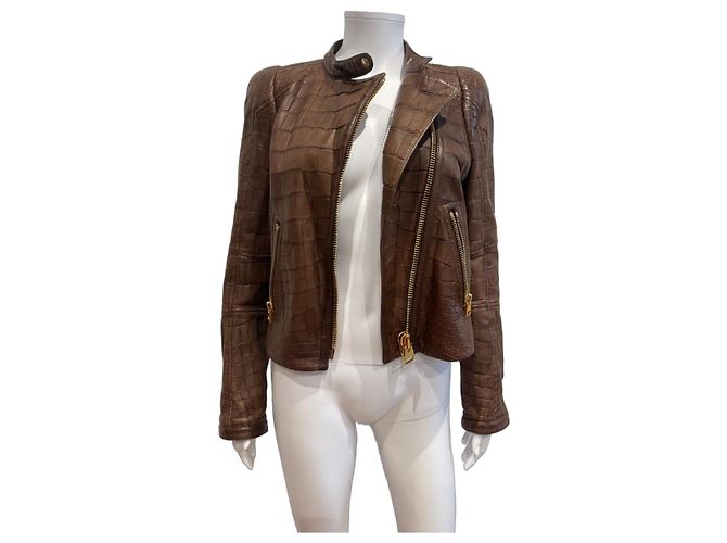 Tom Ford Brown Crocodile Embossed Leather Biker Jacket