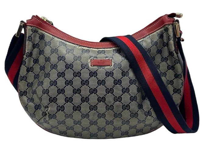 Gucci GG Canvas Hobo Schultertasche Rot Beige Dunkelblau