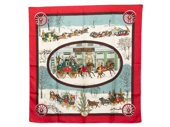 Hermès Hermes Carre 90 Winter Post Coach Schal Rot Mehrfarben