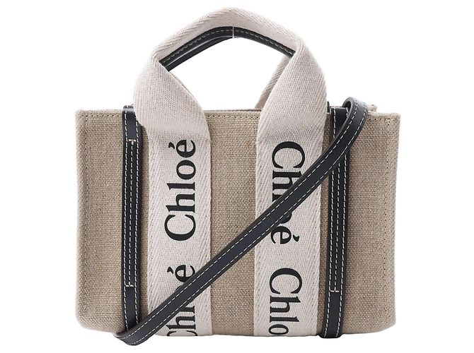 Bolsa 2Way de lona e couro Chloé Woody Mini Bege x Black