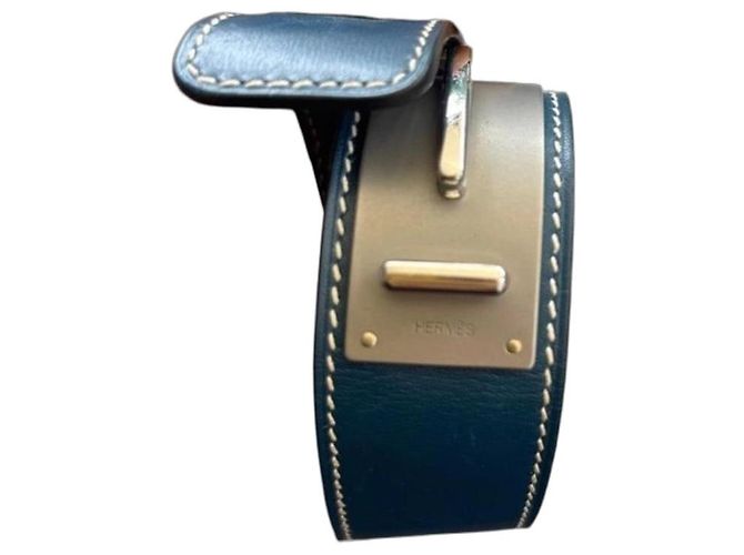 Hermès Blue Leather Cuff Bracelet with Silver Hardware 