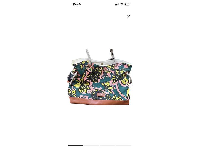Weekend Max Mara Floral Print Canvas Tote Bag Brown Pink Green Yellow
