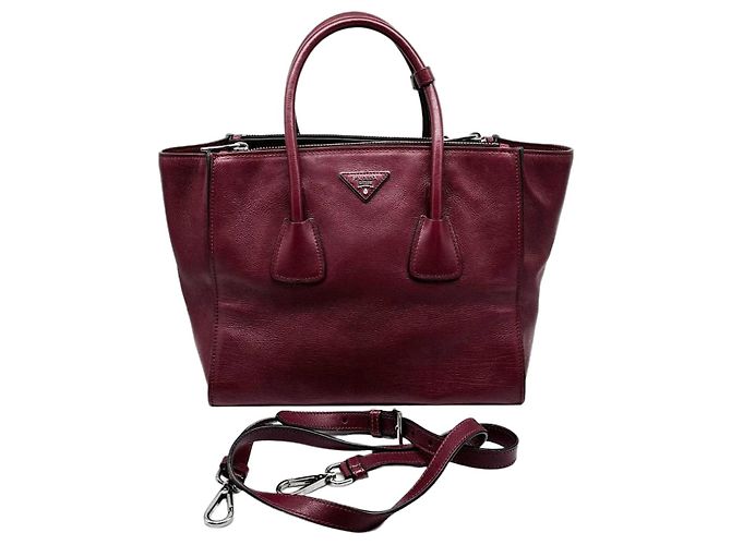 Prada Bolsa satchel de couro de vitelo glacê borgonha com dois bolsos Bordeaux