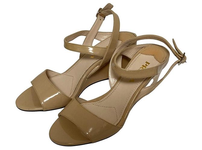 Prada Patent Wedge Sandals Beige