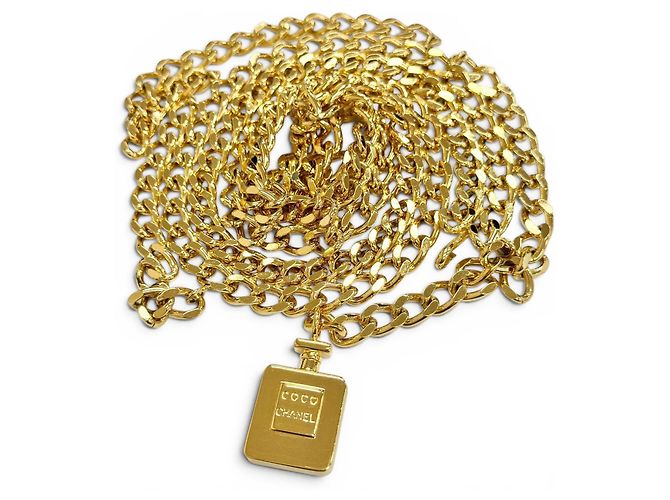 Chanel Logo Perfume Bottle Charm Double Chain Belt Golden