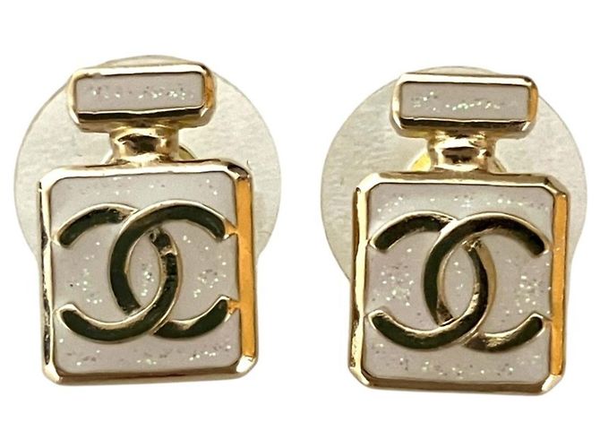 Chanel L25P Perfume Bottle Motif Stud Earrings White Golden