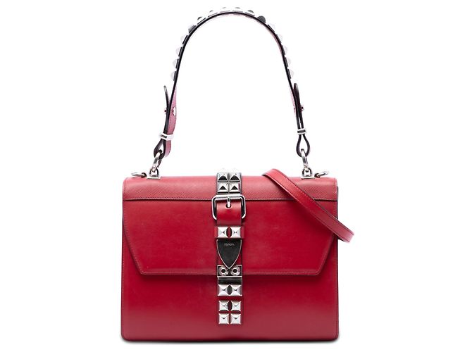Bolsa Prada Red City em couro de vitelo e Saffiano com tachas Elektra Vermelho
