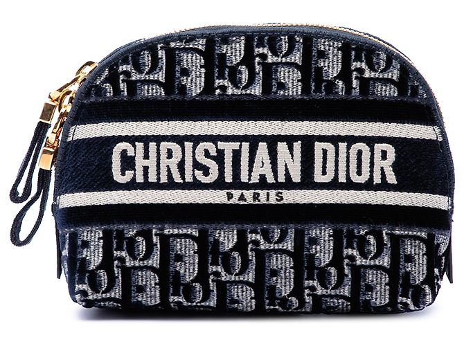 Dior Blue Oblique Besticktes Samt-Kosmetiktäschchen Blau Marineblau