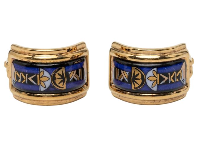 Hermès Blue Gold Plated Enamel Cloisonne Clip On Earrings 