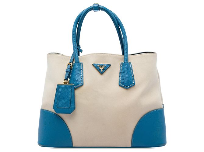 Prada Sac Double en Toile Beige Medium avec Bordure en Cuir Saffiano