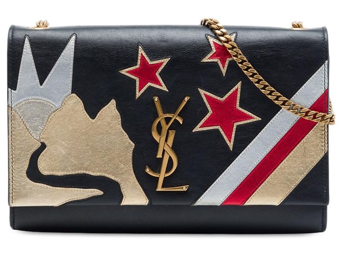 Saint Laurent Borsa a tracolla Kate Rockstar Patchwork Monogram in pelle liscia nera, misura Medium Nero