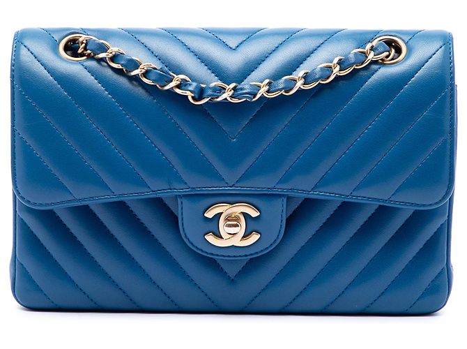 Chanel Blue Small Classic Chevron Lambskin Double Flap