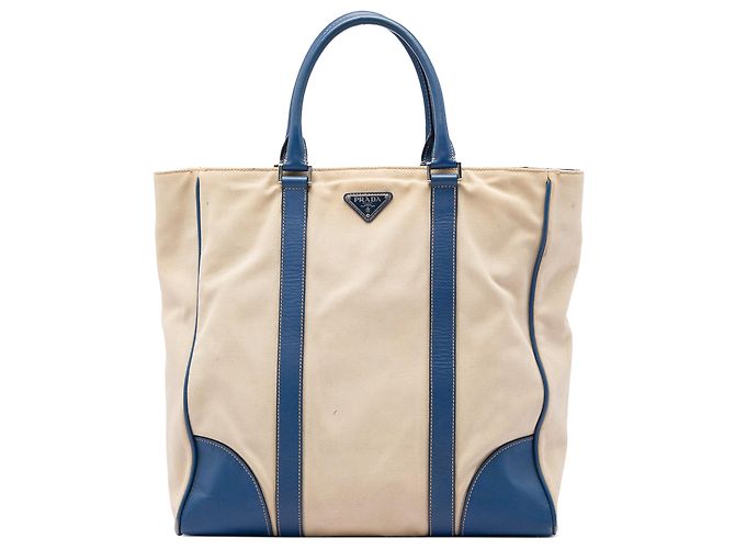 Prada Beige Saffiano Canvas Tote mit Besatz Dunkelblau