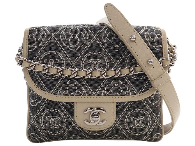 Chanel Gray Camellia Printed Canvas Double Side Flap Marrone