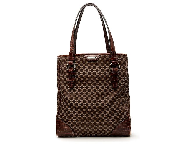 Céline Tote em lona Macadam com acabamento em couro com relevo de crocodilo marrom Celine Castanho escuro