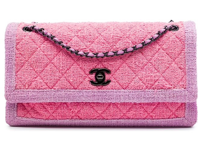 Chanel Pink CC Tweed Matelassê com aba sanfonada Rosa