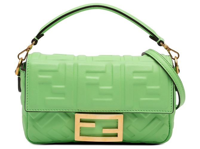 Bolsa Baguette Fendi Verde em couro com relevo Mini Zucca