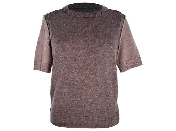 Lanvin Kurzarm Strickoberteil mit Rundhalsausschnitt aus brauner Wolle