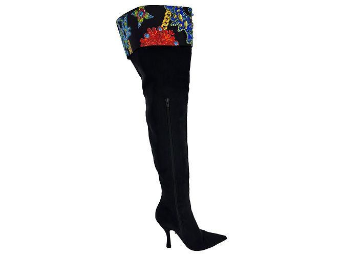 Botas acima do joelho Versace com cristais em algodão preto