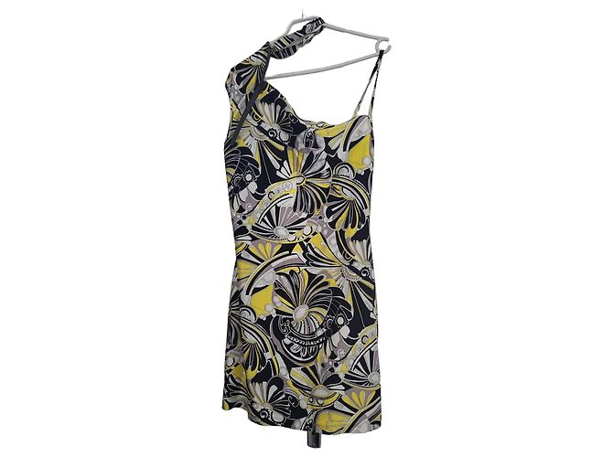 Coperni Asymmetrisches Kleid mit Print Schwarz Weiß Grau Gelb