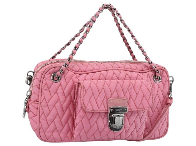 PRADA Chain Hand Bag Nylon 2way Pink Silver Auth ka5423A Silber