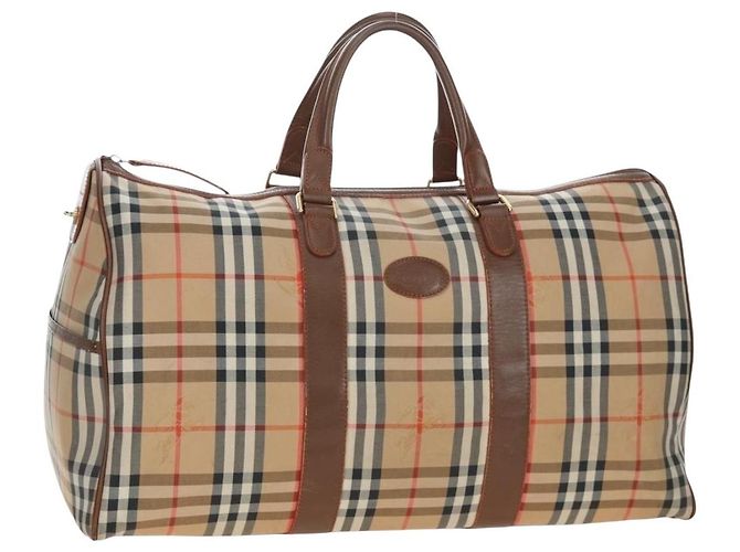 Bolsa Boston Burberrys Nova Check em lona bege e dourado Auth 192209