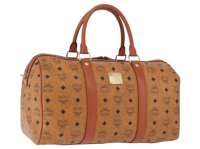 Bolsa Boston MCM Logogram Vicetos em PVC e couro Marrom Ouro Auth 193130 Dourado