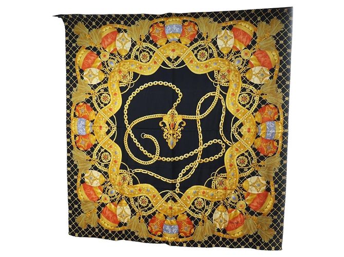 Céline Sciarpa CELINE Large Jewelry Pattern in seta nera e gialla Auth am12158M Nero Giallo 