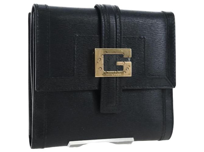 Cartera tríptico GUCCI G de cuero negro Auth am12210V