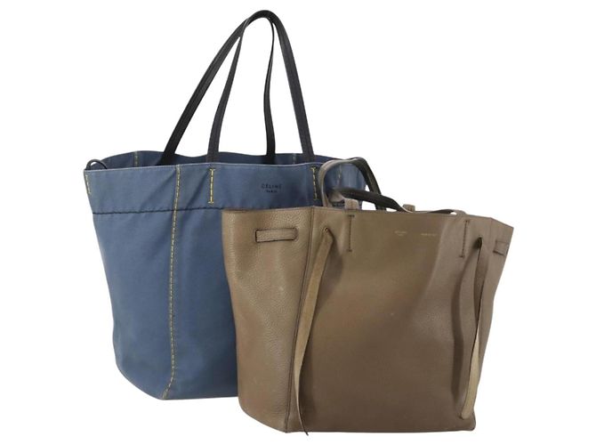Céline Bolsa Tote CELINE em couro e lona 2 Set Beige Blue Auth 192810 Azul Bege