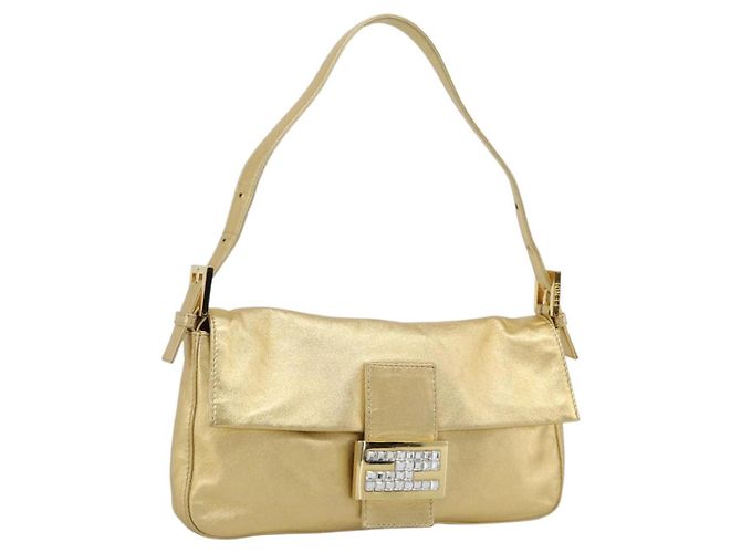 FENDI Bolsa de Ombro Mamma Baguette de Couro com Strass Dourado Auth yk20666SAM