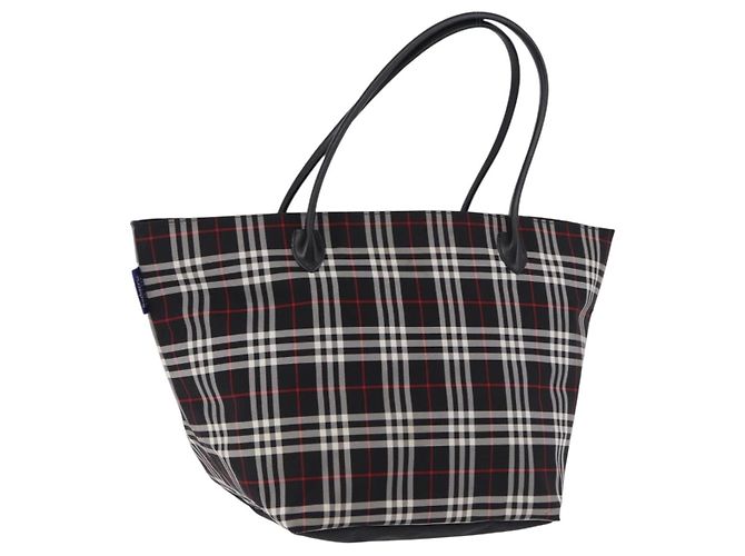 Borsa Tote Burberrys Nova Check Blue Label in nylon nero e argento Auth kk690A