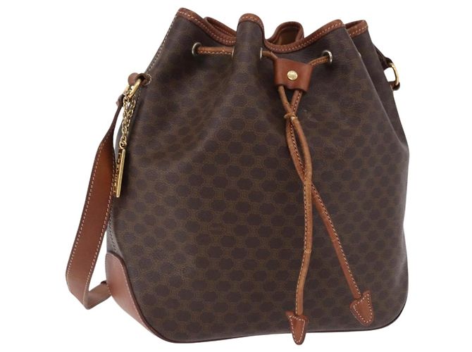 Céline Bolsa de Ombro CELINE Macadam Canvas PVC Couro Marrom Ouro Auth hk3930 Dourado