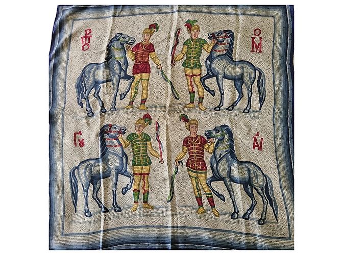 Hermès Lenço de seda Carré Mosaico Branco Vermelho Azul Bege Verde