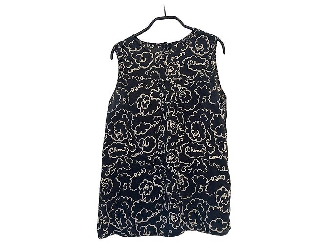 Chanel Seidentop Schwarz mit Kamelien-Print Weiß