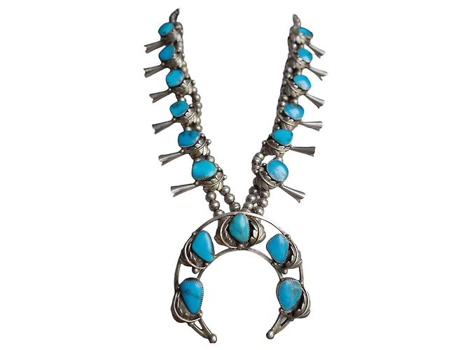 Autre Marque Collana Navajo Squash Blossom in Argento e Turchese Blu