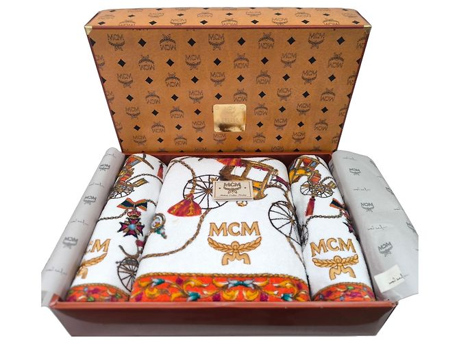 Set de serviettes de bain MCM Monogramme Marron Blanc Orange Bijouterie dorée