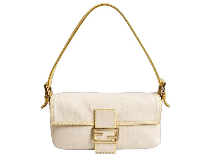 Bolsa Baguette Fendi em lona branca e python amarelo Branco Hardware prateado