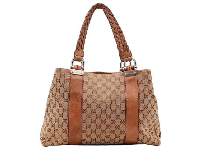 Bolsa Tote Gucci Monogram Canvas Bamboo Marrom Monograma