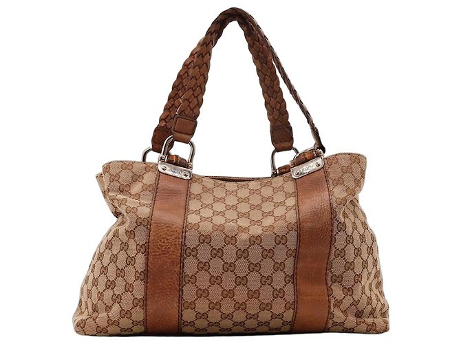 Bamboo Sac Tote de lona com monograma e couro Gucci
