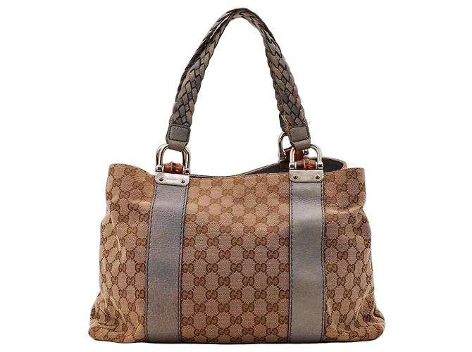 Borsa shopper Gucci Monogram Canvas Bamboo Marrone Beige