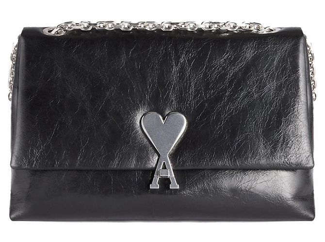 Ami Paris Bolso de hombro en cuero negro logo corazón