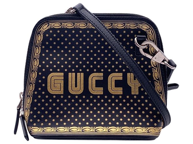 Gucci Mini borsa a tracolla a cupola Guccy Stars in pelle nera e oro Nero
