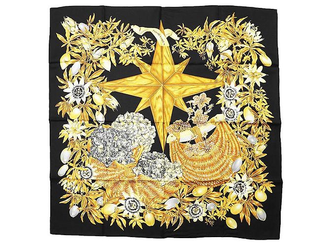 Sciarpa in seta Hermès Carré90 PASSIFLORES Nero Giallo