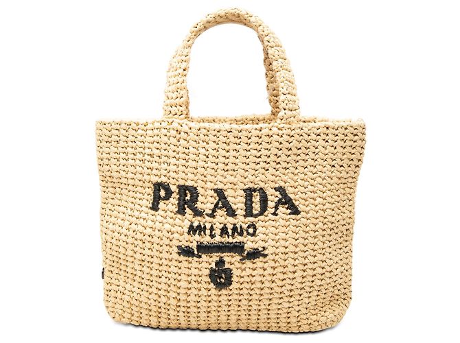 Tote Prada Bege Small Raffia Effect Crochet Embroidered Logo