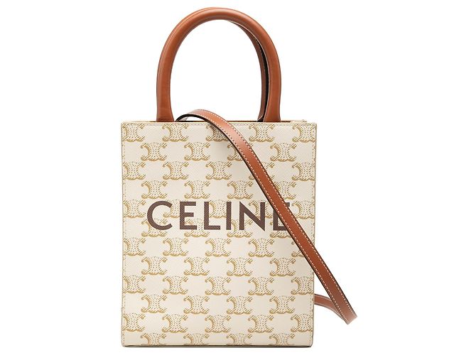 Céline Celine Cabas Vertical Mini Triomphe en Toile Enduite Blanc Écru